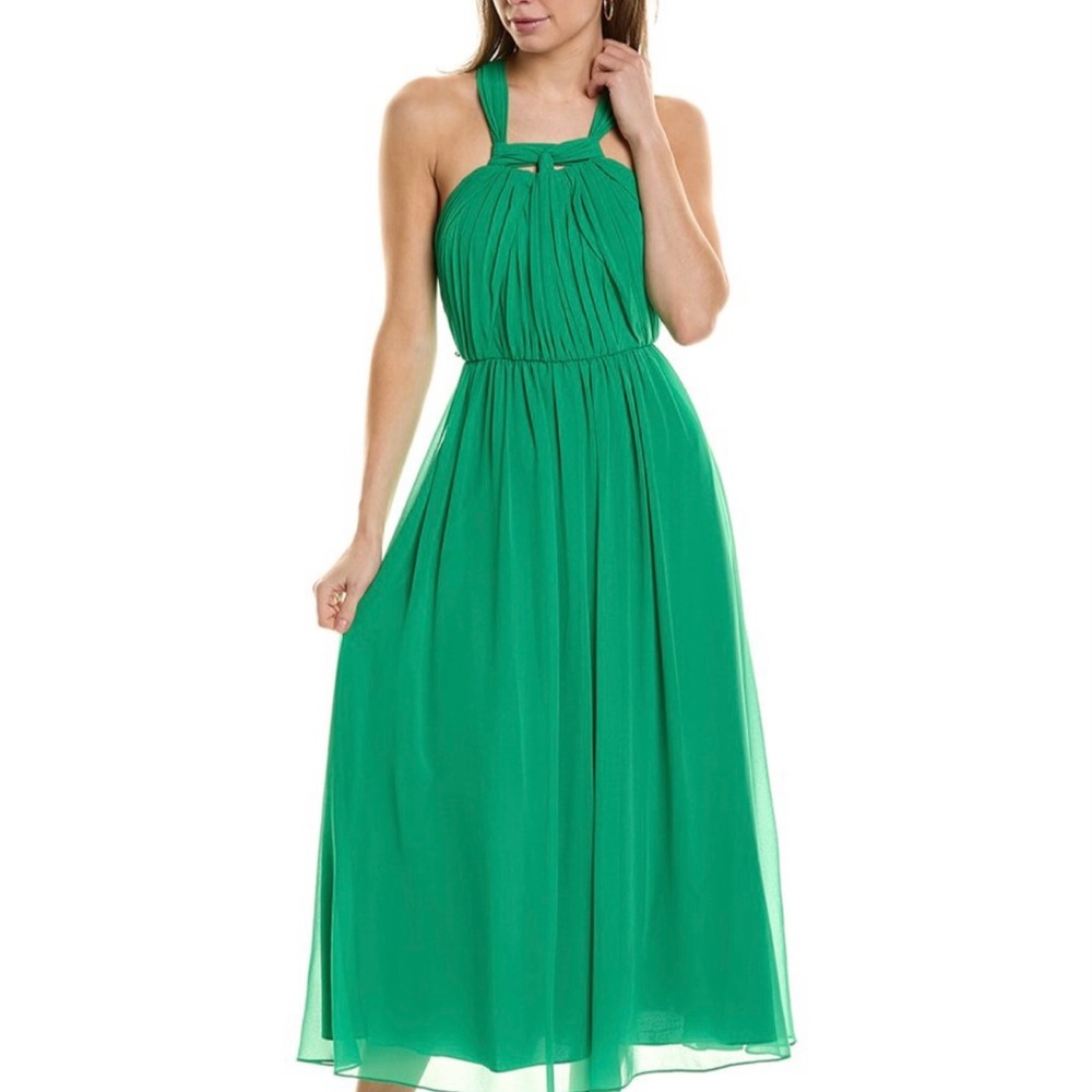 Badgley Mischka Shirred Knotted Dress in Green. Size 4